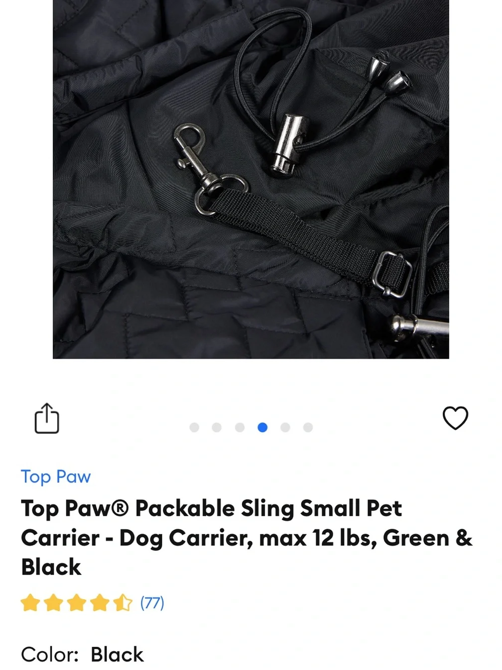 Top Paw Black Packable Sling Pet Carrier - Quilted Shoulder Bag Style